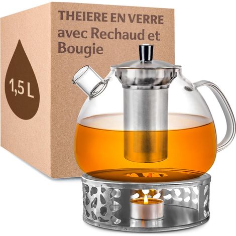 Theiere Verre Avec Filtre - Grande 1,5l - Avec Rechaud et Bougie - Lavable au Lave-vaisselle - Résistant à la Chaleur