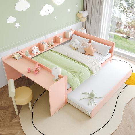 Letti con letti estraibili 140x200cm, letto matrimoniale con scrivania e ripiani, pino, senza materasso, rosa (1/5)