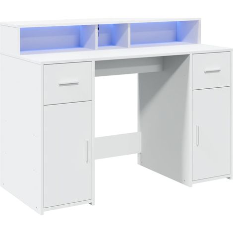 Bureau table poste de travail meuble d'ordinateur informatique étude avec lumières LED 120 x 55 x 91 cm bois d'ingénierie blanc