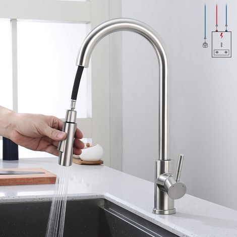 Mitigeur cuisine basse pression haut de gamme, 2 types de jets, pivotant 360°, douchette extractible, bec inox robuste (1/5)