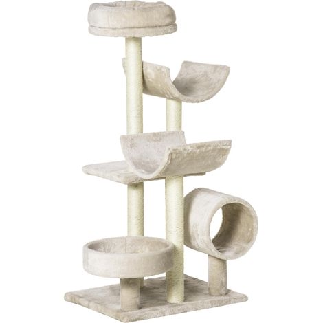 Arbre à chat avec griffoir, jouets et tunnel, beige, 50 x 40 x 105 cm, pour les amoureux des chats et des moments de jeu amusants.