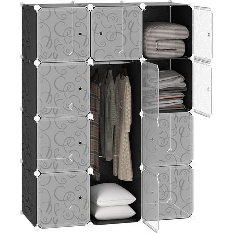 Beyamis Tragbarer Kleiderschrank fürs Schlafzimmer, 12-Würfel-Schrank mit 2 Kleiderstangen, modularer Aufbewahrungsschrank, platzsparender Kunststoffschrank, weiß und schwarz