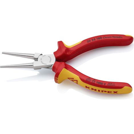 KNIPEX 30 36 160 Pinza per meccanica - a becchi lunghi isolati con manici rivestiti in materiale bicomponente, collaudati VDE cromata 160 mm