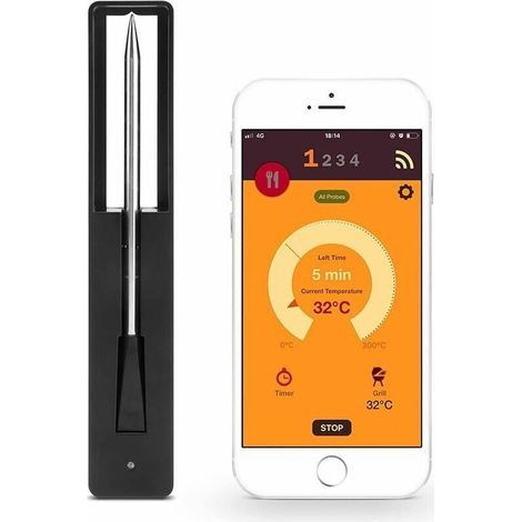 Sonda di cottura 100% senza filo, Termometro a parete Connecté, Quattro, Controllo della temperatura, Longue Portée, Connessione Wi-Fi/Bluetooth, Nero (1/4)