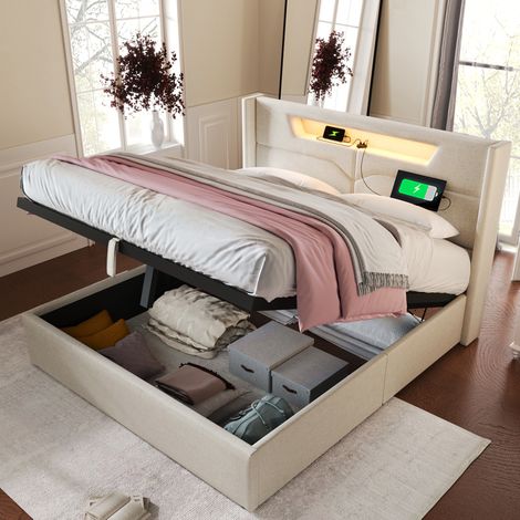 Letto Contenitore 140x200 cm con Struttura Rialzabile LED Beige (1/5)