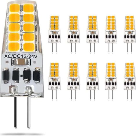 Lot de 10 ampoules LED 3W 12-24V, culot G6.35, blanc chaud 2900K, pour éclairage sous meuble ou lampe de bureau. (1/4)