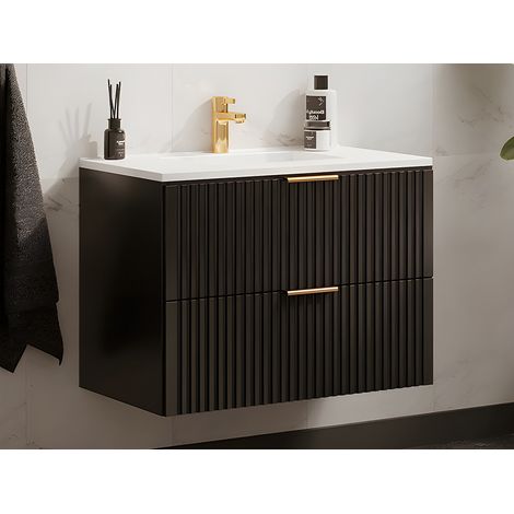 Mobile per bagno sospeso con scanalature e lavabo da incasso 80 cm Nero - ZEVARA (1/4)