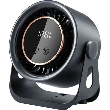 (Gris) Petit ventilateur de bureau avec affichage LED, veilleuse et minuterie, rotation à 360°, fonctionnement silencieux. (1/5)