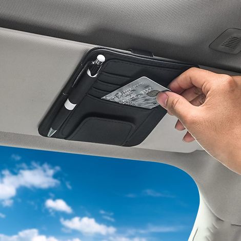 Organizador de visera de cuero para coche y camión: para gafas, tarjetas, documentos, bolígrafo y bálsamo labial - Negro (1/4)