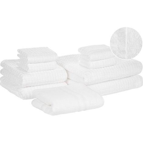 Ensemble Linge de Bain 9 Pièces Serviette d'Invité Essuie-main Draps de Bain et Tapis en Coton Blanc à Séchage Rapide Moelleux et Absobant Beliani