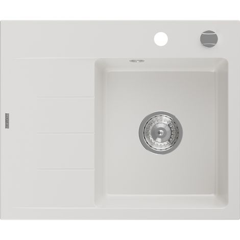 Mexen Ben évier de cuisine en granit à 1 bac avec égouttoir à droite 600 x 500 mm, blanc, siphon chrome - 6523605000-20 (1/5)