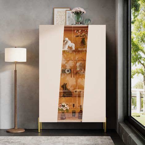 Vitrine de salon 72 x 40 x 145 cm - meuble de rangement avec porte en verre asymétrique, éclairage led réglable, 3 étagères - style moderne - mdf - beige (1/5)