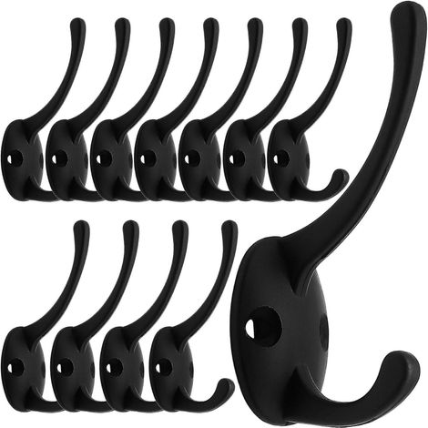 Lot de 12 patères noires murales avec 24 vis, crochets doubles rétro, crochets utilitaires noirs pour manteau, écharpe, sac, serviette, clé, casquette, tasse, chapeau (1/5)