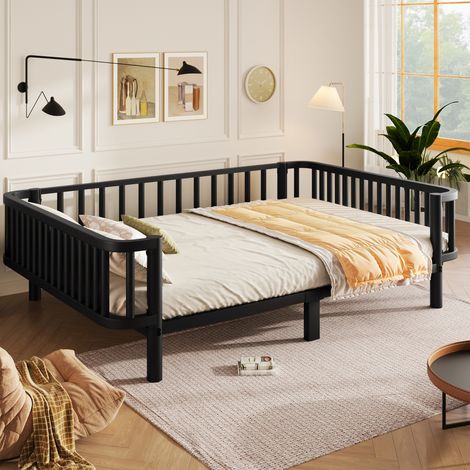 Cama diván 140x200 cm de metal negro, sofá cama convertible con somier de acero reforzado, para dormitorio, salón o habitación de invitados moderno – CHICFURN (1/5)