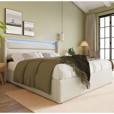 lit coffre adulte LED rangement 160x200 PU blanc OKMYHOME