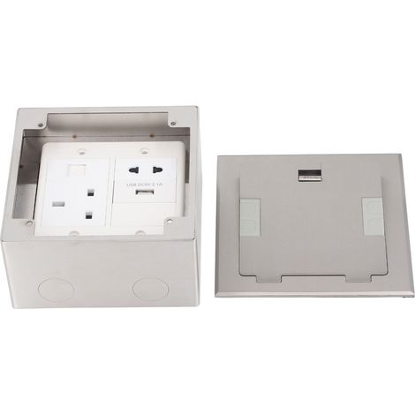 Prise de sol encastrable en acier inoxydable argenté, 3 broches universelle, 2 trous, ports USB et informatique (1/5)