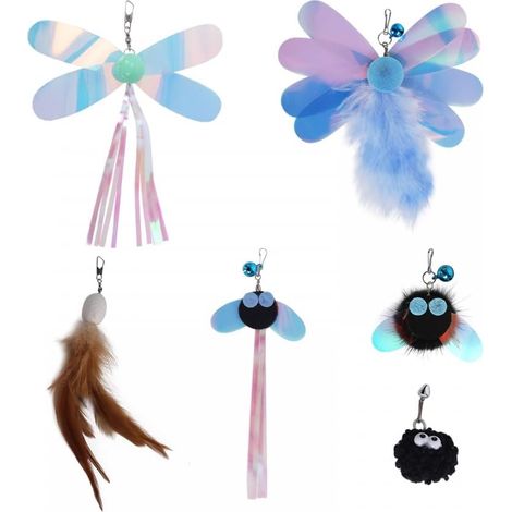 Lot de 6 Jouets de Rechange en Plumes pour Chat - Recharge de Libellule en Peluche Avec Boucle de Cloche et Baguette de Chaton - Nettoyant les Dents et Jouant À la Chasse (1/5)