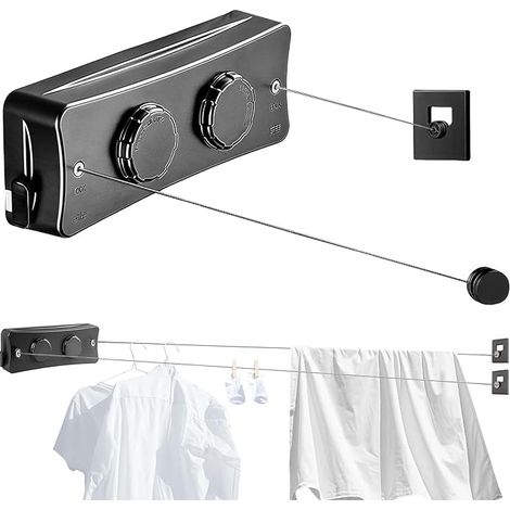 Corde à Linge Rétractable pour Intérieur et Extérieur, 2 x 5.1M Acier Inoxydable Fil a Linge Retractable, Étendoir à Linge Gain de Place (Noir)