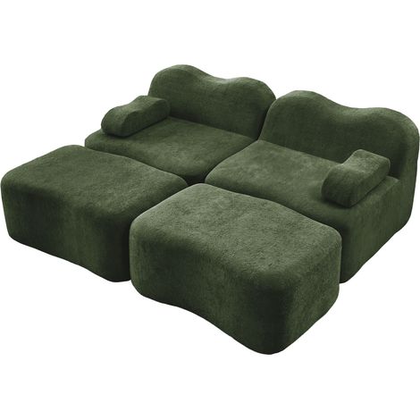 Divano modulare 2 posti con 2 pouf, velluto verde, schiuma ad alta densità 32D, senza montaggio (1/5)
