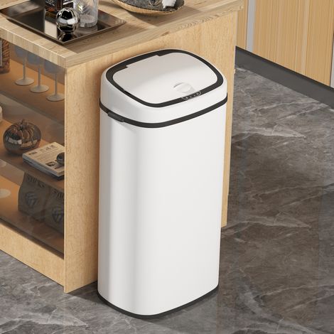 Hobag – Poubelle automatique 68L en acier blanc – Ouverture sans contact – Bague anti-glisse – Compatible sacs standards