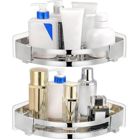 Lot de 2 étagères d'angle adhésives pour douche et salle de bain, fixation murale, sans perçage, panier de rangement pour salle de bain et cuisine. (1/5)