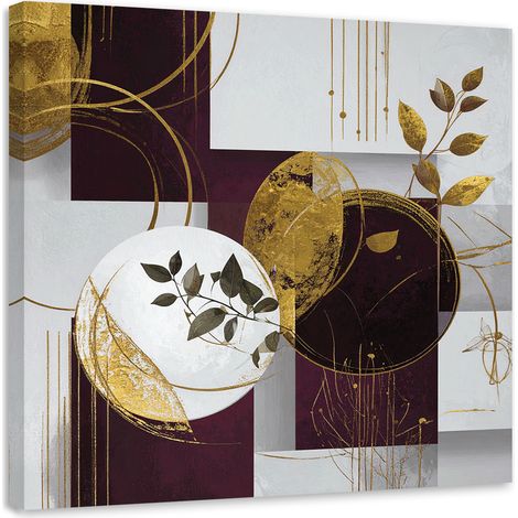 Bild auf Leinwand Abstrakt Kreise und Blätter in Bordeauxrot Grau und Gold 40x40 (1/5)