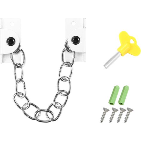 Verrou de fenêtre sans trou en acier inoxydable, chaîne de sécurité enfant, butée de verrouillage de sécurité extérieure, chaîne antivol (chaîne de sécurité blanche (perforée) (1/5)