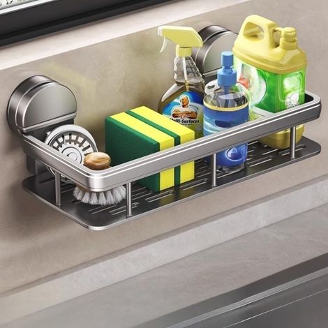 Étagère de douche à ventouse pour évier de cuisine, sans perçage, porte-éponge en aluminium antirouille pour chambre, salle de bain, articles essentiels de la maison (version basique grise) (1/5)