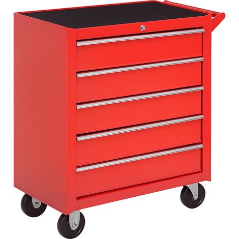 Werkzeugschrank 5 Schubladen, rollbar, Stahl, für Garage & Schuppen, 69x33x75 cm, rot, bis 150 kg (1/5)