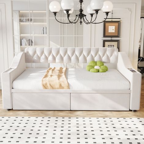 Canapé-lit rembourré 90190 cm, accoudoirs plus larges et plus épais avec port de charge USB, rangement intégré dans les accoudoirs, poches de rangement, tiroir de rangement, tissu velours, beige (1/5)