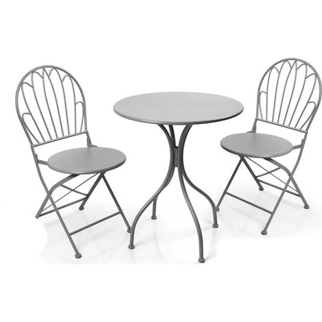 Tischset mit 1 Tisch und 2 grauen Metallstühlen, 61x72 cm Tisch, 40x90 cm Stühle