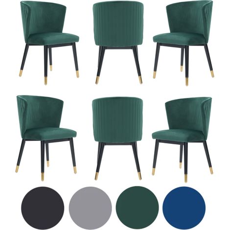 Set of 6 Green Sofina Modern Velvet Dining Chairs with Tufted Back - Wooden Frame & Gold-Tipped Rubberwood Legs (1/5)