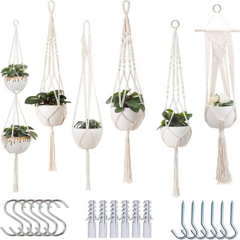 Support pour plantes suspendues en corde de coton tissée à la main, ensemble de 6 pièces (blanc cassé) (1/5)