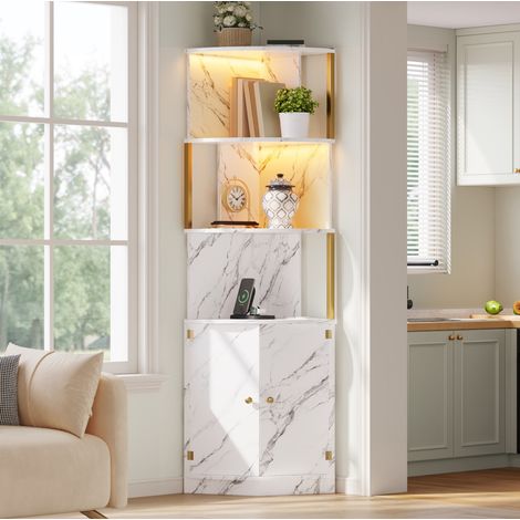 Mobile contenitore angolare con LED e prese, 2 ante, 38 x 38 x 180 cm, bianco MDF DESVIAE (1/5)