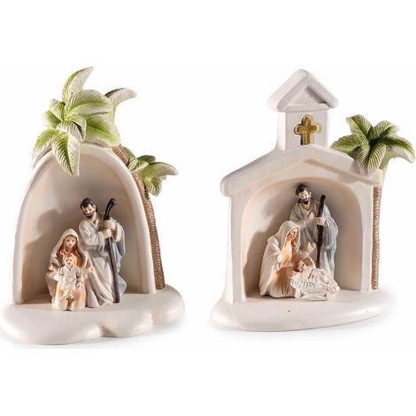 Presepe in resina colorata Sacra Famiglia con palma da appoggiare, set da 4 pezzi, cm 10 x 5 x 12 H