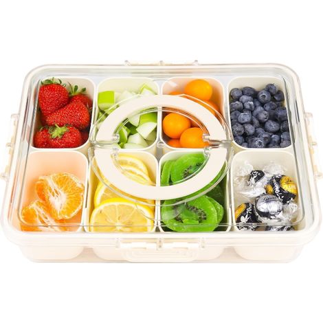 Portapranzo con scomparti, piatto snack a 8 scomparti con coperchio e manico, portapranzo con forchette, cucchiai, contenitore per spezie, caramelle, verdure, biscotti, noci