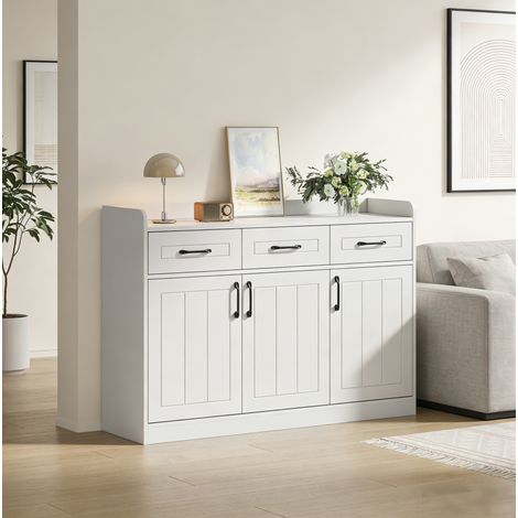 Aparador de aglomerado blanco 120 x 35 x 80 cm con 3 puertas, 3 cajones y 2 baldas ajustables (1/5)