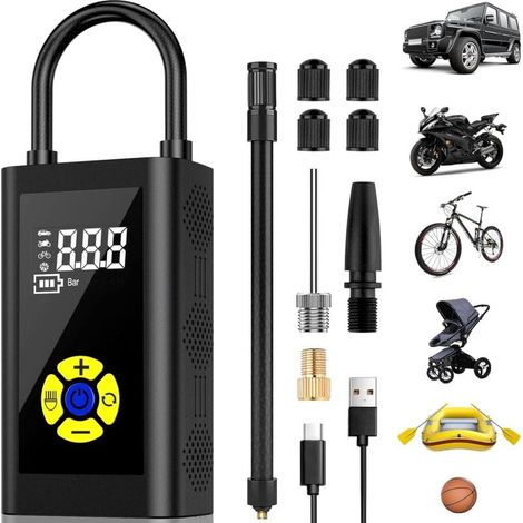 Compresseur d'air portable, gonfleur de pneus voiture et pompe à vélo, mini compresseur avec écran digital LCD, 150PSI, batterie 2000mAh rechargeable via Type-C, lampe LED intégrée (1/5)