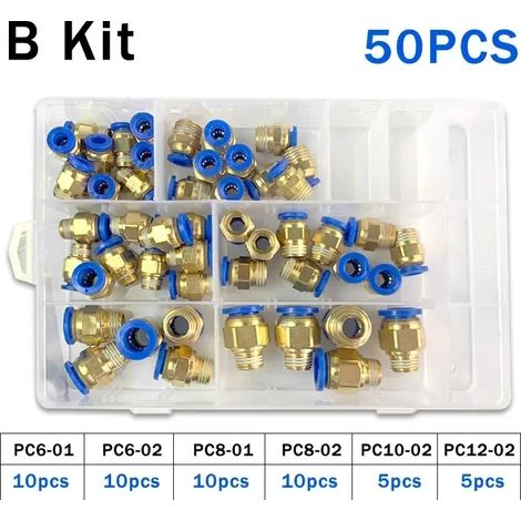 Kit B (50 pièces) - 1 boîte - Connecteurs pneumatiques série PC, raccords à insertion rapide pour tuyaux et tubes, raccords rapides 1/4, 1/8 et 1/2, coffret (1/5)