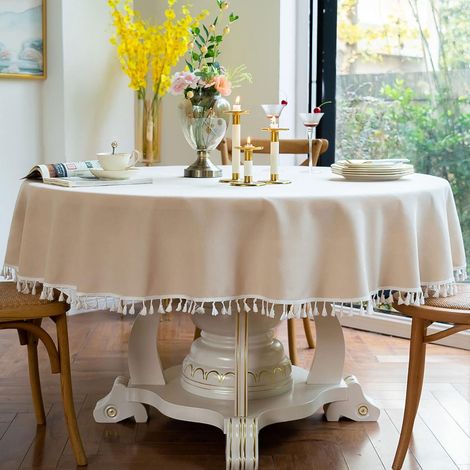 Round Table Cloth Cotton And Linen Strip Tablecloths Household Cloth Table Cover Coffee Table Desk Cover, For Kitchen Party Decoration (Diameter 120cm, Beige) (1/5)