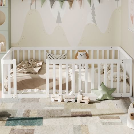 DESVIAE Lit enfant avec barrière en bois de pin 90 x 200 cm blanc lit plateforme avec ouverture latérale (1/5)