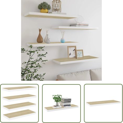 The Living Store Étagères flottantes 4 pcs chêne et blanc 80x23,5x3,8 cm MDF - Étagères Murales - Étagères Flottantes - Décoration Murale - Rangement Mural - Meubles De Salle À Manger
