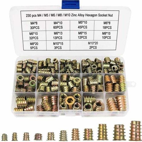 Lot de 230 écrous hexagonaux M4 M5 M6 M8 M10 avec inserts filetés en alliage de zinc – Pour meubles en bois – Boîte de rangement