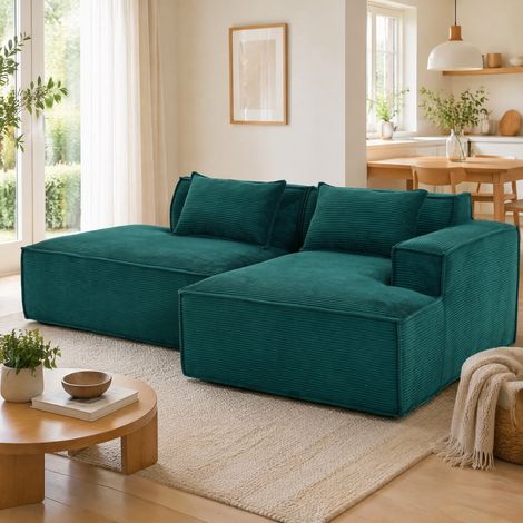 Divano angolare 233x129x70 cm in poliestere verde retrò con due cuscini CHICFURN
