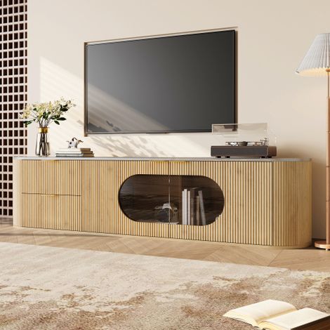 Modernluxe - Meuble TV moderne aspect bois - 2 portes à rayures verticales 3D et 2 tiroirs - Plateau effet marbre - MDF - Naturel (1/5)