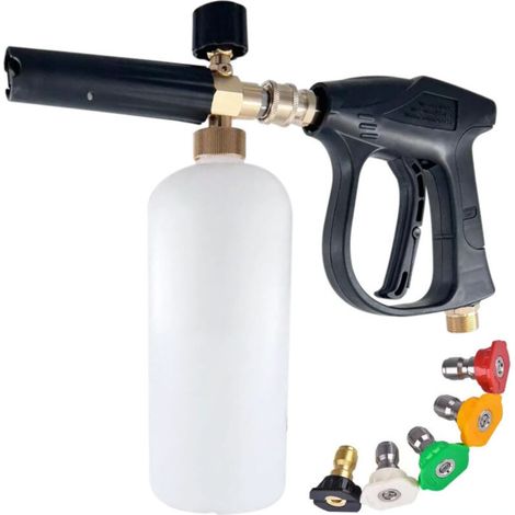 Pistolet à haute pression cannon à mousse 1L - Distributeur savon réglable + 5 buses - Pour lavage voiture - Économique et efficace - Propriétaires de véhicules (1/4)