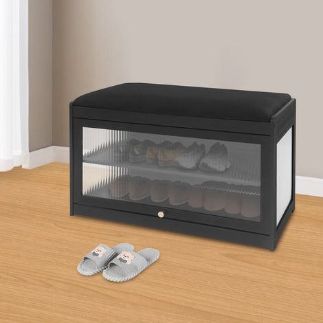 Schuhschrank kann in einem Stuhl sitzen, moderner Bambus Schuhschrank, 2 Etagen Schuhschrank, 70  32  42cm, schwarz
