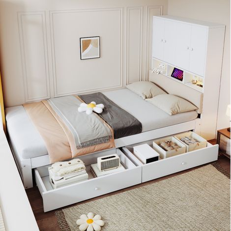 Letto bambini 90x200 cm con LED, presa e contenitore, 2 cassetti, testiera imbottita, legno - bianco (1/5)