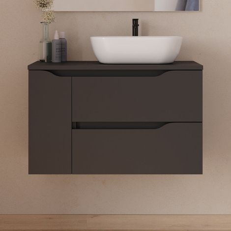 Meuble de salle de bain 80cm avec plateau et vasque à poser déportée à droite Zeus - sans miroir - 2 tiroirs et un placard - noir - ZARZA