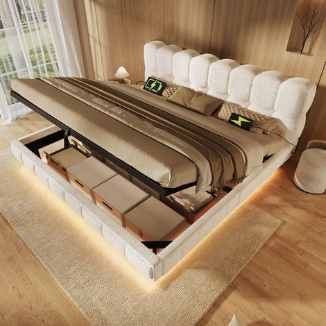 Bett Polsterbett Doppelbett Jugendbett in Schwebeoptik, Bubble Design Wolkenbett, hydraulischer Stauraum, LED, Ladeanschluss (USB & Typ-C), Chenille, Beige, 140x200 cm, ohne Matratze (1/5)
